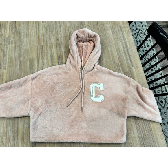Velour Crop Hoodie Sweatshirt Blush Pink Champion Women M - Picture 7 of 8